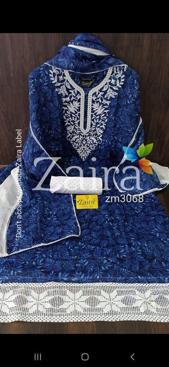 Post image ZM3068 

DESIGNER PC 

🌹 Top Pure Kota unstitched with beautiful print...neck chikan work....Bust 50 Length 47 
🌹 Pure cotton printed bottom...2.5 mtr aprox 
🌹 Dupatta kota pritned with border lace 

Very Very beautiful n exclusive design from ZAIRA 💯 👌 

Quality Zaira Assured 💯 👌 

*1099 free shipping*
