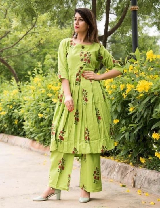 Women Cotton Pleated Printed Long Kurti With Palazzos uploaded by business on 4/7/2022