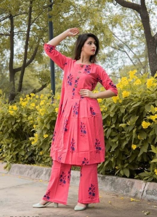 Women Cotton Pleated Printed Long Kurti With Palazzos uploaded by business on 4/7/2022