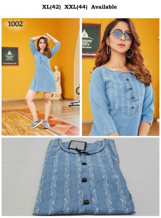 Post image *📣 Denim New Launch 😍*
Catalogue : 💃🏻 *DENIM* 💃🏻
*DENIM A LINE SHORT KURTIS*
Fabric : *Cotton Denim*Specs : *Stitching Effects, Discharge Print and Washing Effects*Sleeves type : *3/4th*No.of designs : *6*Size : *Mentioned on Pics*Length : *32"*
*Single @ 
*Ready To Dispatch*
Limited Stock... ⏰Hurry Up...🏃‍♀️🏃‍♂️🏃‍♀️🏃‍♂️🏃‍♀️Book Your Favorite Designs Fast... 💐💐