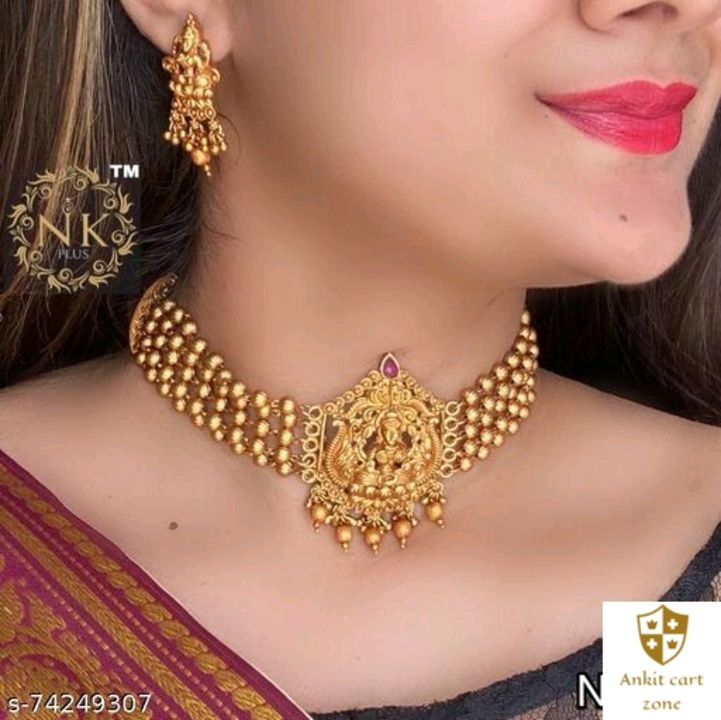Post image Catalog Name:*Princess Fancy Jewellery Sets*Base Metal: Brass &amp; CopperPlating: Gold Plated,Gold Plated - MatteStone Type: Artificial StonesSizing: AdjustableType: Choker and EarringsEasy Returns Available In Case Of Any Issue