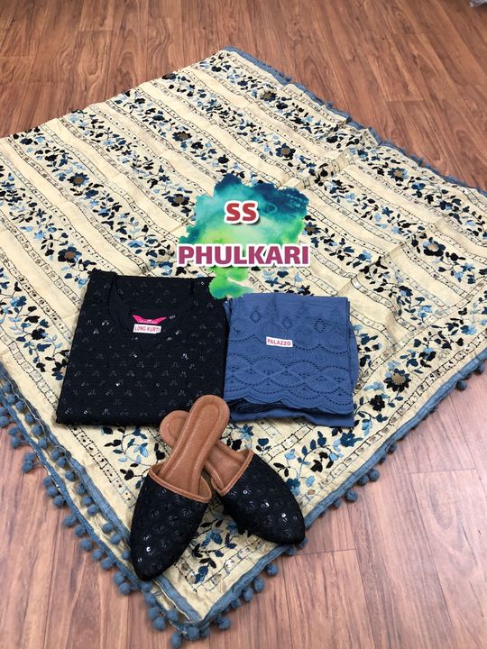 Post image *New arrival,new arrival,new arrival*SS Phulkari’s 2600*

*Beautiful Kashmiri heavy work raw silk   Duppata  mirror work beautiful   lace*

*With pure cotton Chikan work Kurti *with sequence highlights length 45 * motifs May vary 
*Size available 38 to 48*

*With pure cotton Chikan  work plazo with elastic waist length 38,39 *

*Size l to xl ,,,,,, xxl to 4xl 75 extra *

With matching jutti size available 37,38,39,40,41,42
Send feet size in cm for perfect fit no return no exchange *

*1699/-  free shipping*


*Worldwide shipping *

* 📣📣📣If any one having any doubt about any colour pls do ask us no return or exchange will be done due to colour *📣📣📣