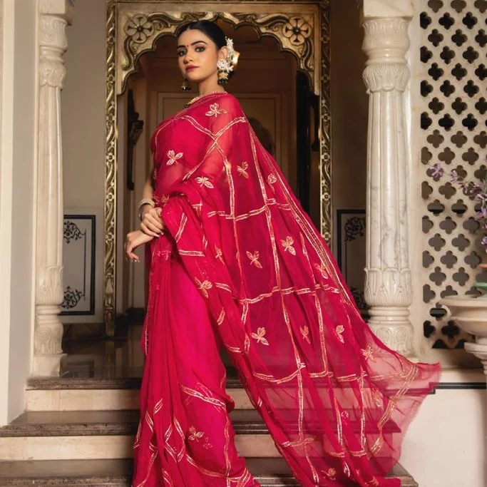 Post image Pure chiffon hand gota and sequence jaal work saree with running blouse @3300