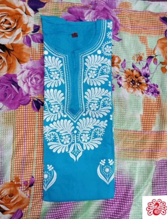Post image Beautiful latest chickenkari kurtiFabric cotton Ryan Sizes L XL , XXL available,COD 5 days return 100% refund in free delivery available price 4:19