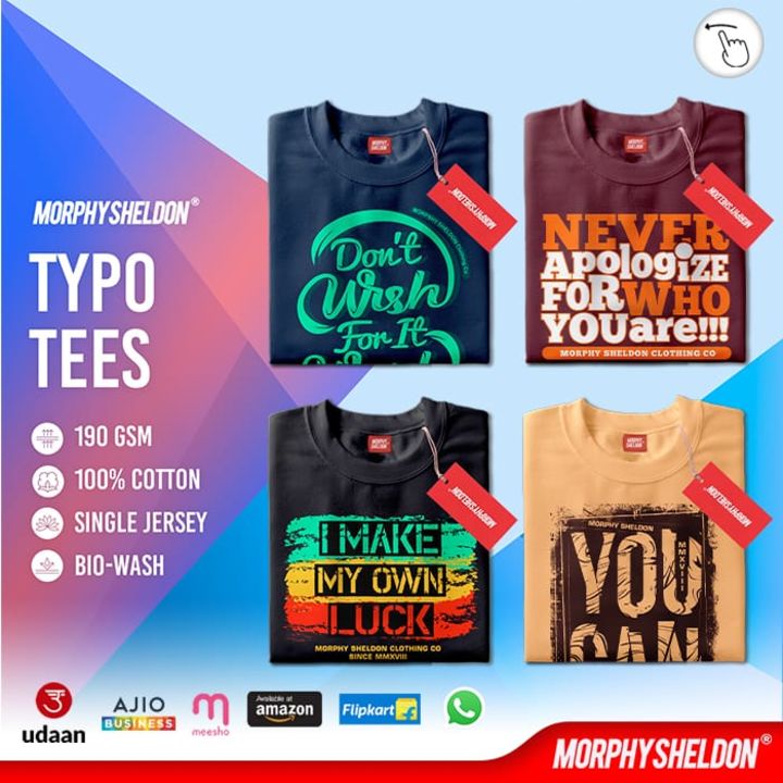 Post image Typography T-Shirt Bundle
😻A ll Colorful Designs🤡A vailable in Multiple Colors😲1 00% Cotton Fabric
Download Our App : https://bit.ly/MorphyB2BCall for price and more info : 9331609331