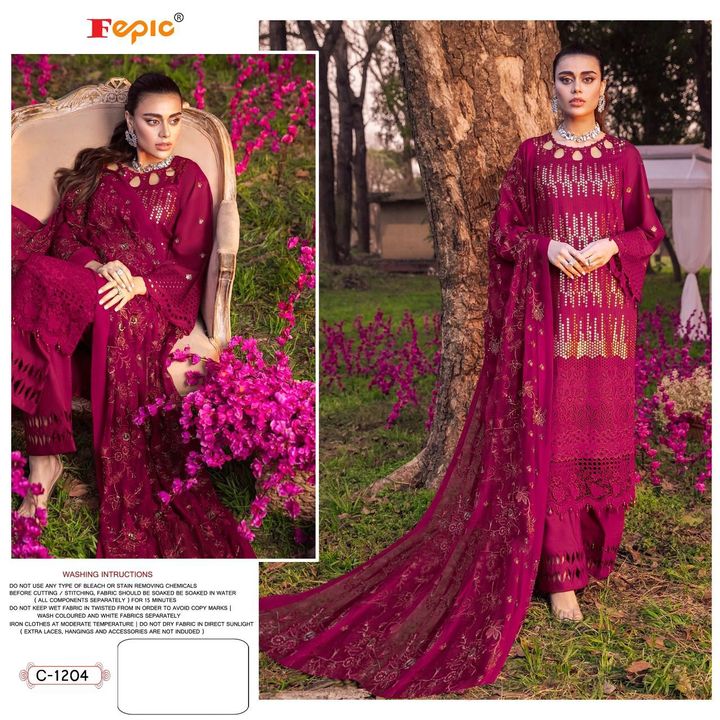 Post image _*BRAND NAME*_:- FEPIC_*CATALOUGE NAME*_:- ROSEMEEN
_*D NO*_:- C 1204
_*Top*_:- FAUX GEORGETTE HEAVY EMBROIDERED _*Dupatta*_:-HEAVY EMBROIDERED BUTTERFLY NET_*Bottom*_:-SANTOON _*INNER*_:-SANTOON 
_*RATE*_:-1799/-Shipping extra
