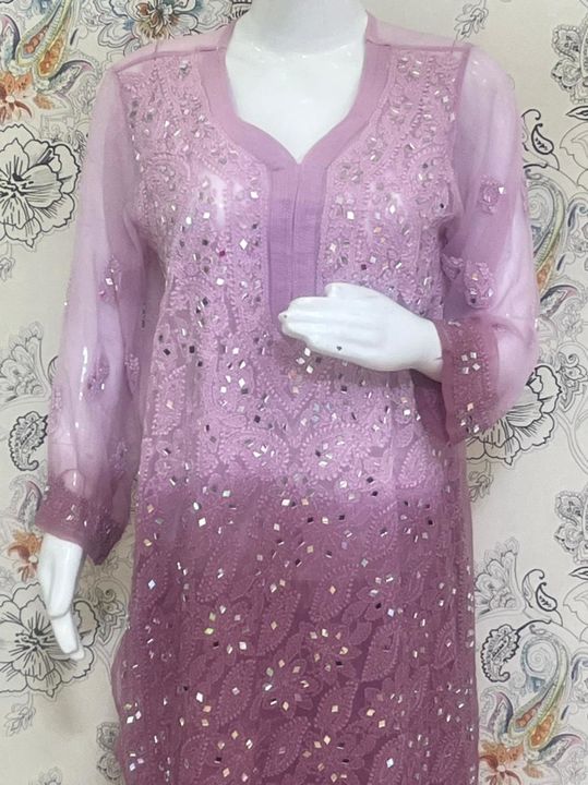 Post image *Fresh arrivals*
Shiffon georgette dyeableKurti garara with mirror work
Size-38-46Length-46+Full jaal work ... Daman boti  work.. +Shipping extra *for bulk ping me personally*
*Please note👇👇*1. Real color may be slightly changed due to photographs...
2. No claim will be entertained without opening parcel video..
3. Minor alterations may be required.
4. No changes for size issue..we will send whatever u ask for ...
5. Your order will Dispatch in 3 working days .
6. Dispatch time minimum-6-7 days after booking
7. No refund only exchange if defect along with parcel opening vedio otherwise no claim.Intrested prsn..can plz contact ... 8810999171