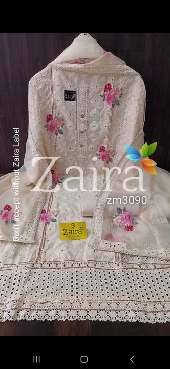 Post image ZM3090 

*DESIGNER PC* 

🌹 Shirt pure kora khadi cotton designer unstitched beautiful chakin work n flower patch and daman work....bust 50, Length 46 
🌹 Pure kora khadi cotton bottom 2.30 mtr aprox 
🌹 Organza dupatta with beautiful flower patch n chikakari border 

Very Very beautiful n exclusive design from ZAIRA 💯 👌 

Super quality 💯 👌 

*1700 free shipping*