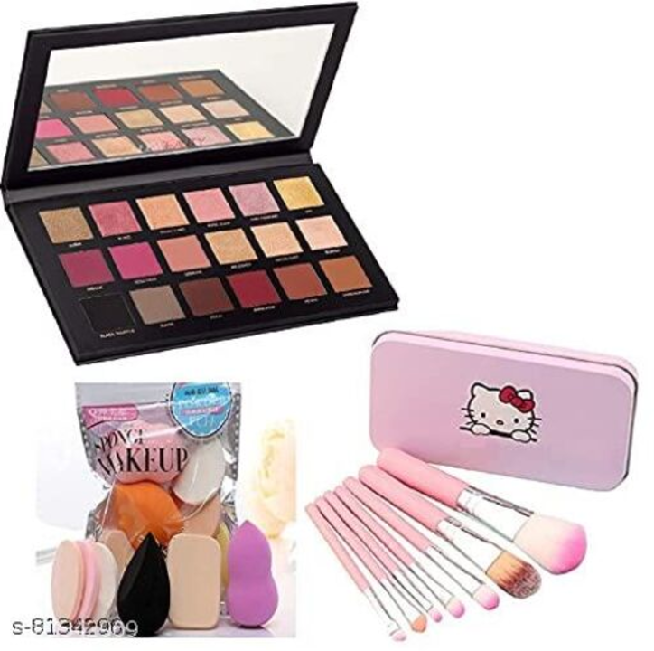 Rose gold eyes shadow platte hello kitty 7 brushes with beauty blender puff family 6 pcs uploaded by business on 4/18/2022