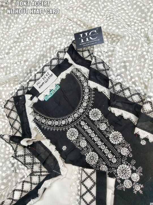 Post image #HYATTCONCEPTS
HC 3548
*Shirt* pure cottons chikankari embroidery shirt with beautiful crochet panels 2.5m
 *Dupatta* - heavy embroidered net chikankari dupatta with crochet laces borders paired with color block borders 2.25m
 *Bottom* - unstitched embroidered hems with crochet/neck panels 2.5m
 *Rate@1525/-free shipping*