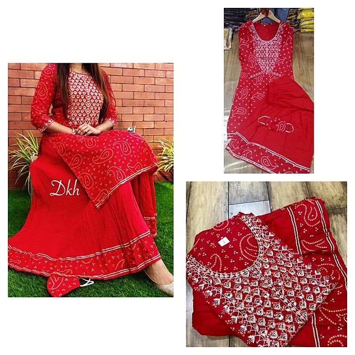 Fabric rayon Kurti with skirts With Mask
With bandhej print
And beautiful hand work
M to xxl uploaded by business on 10/20/2020