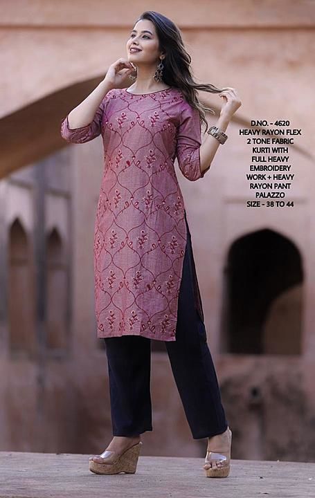 👗 *Heavy Rayon Flex 2 Tone Fabric Kurti With Full Heavy Embroidery Work + Heavy Rayon Pant Palazzo* uploaded by business on 6/15/2020