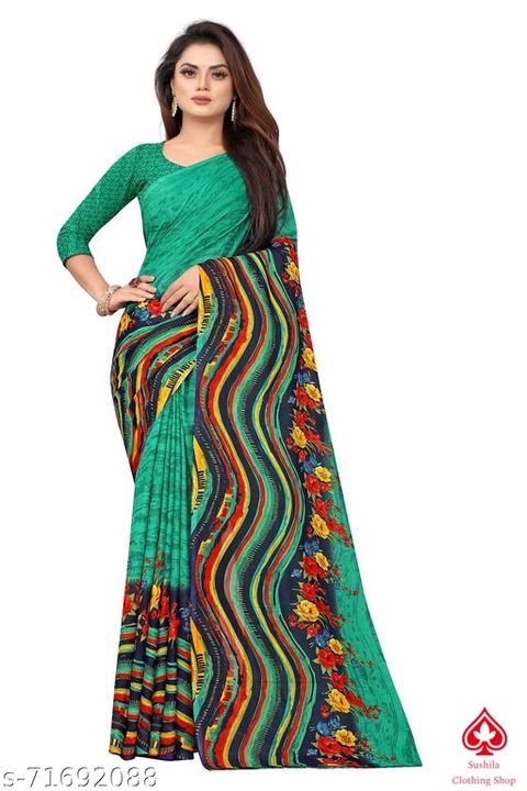 Post image Georgette Floral Printed Sarees For WomenName: Georgette Floral Printed Sarees For WomenSaree Fabric: GeorgetteBlouse: Separate Blouse PieceBlouse Fabric: GeorgettePattern: PrintedBlouse Pattern: PrintedSizes: Free Size (Saree Length Size: 5.3 m, Blouse Length Size: 0.8 m) 
Country of Origin: India