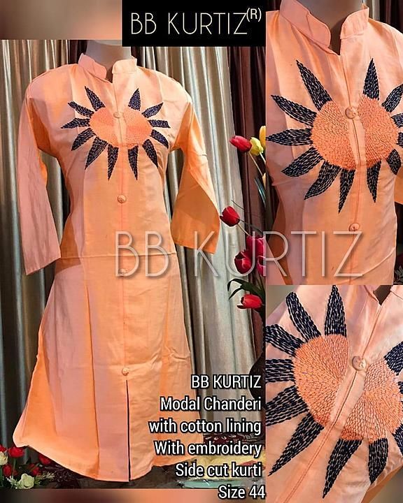 BB KURTIES modal chanderi with cotton lining with embroidery side cut kurti

Size only 44 avlb uploaded by business on 6/15/2020