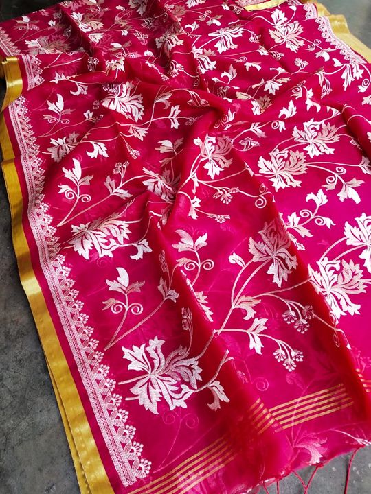 Muslin Parsi work embroidery saree uploaded by Tanti handloom saree manufacturer on 4/22/2022