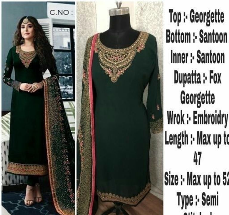 Post image Pakistaani Semi-Stitched SuitsTop Fabric: GeorgetteLining Fabric: ShantoonBottom Fabric: GeorgetteDupatta Fabric: GeorgettePattern: EmbroideredSizes: Un Stitched (Top Bust Size: Up To 50 m, Top Length Size: 48 m, Bottom Length Size: 2.25 m, Dupatta Length Size: 2.25 m) 