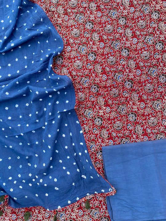 Post image (1). Ajrakh Bandhani Three Pieces Cotton Suit Sets 
Top  Size -  Width - 44Inches Lenght 2.50MTR 
Dupatta Size - Width - 44Inches Length 2.50MTR

Bottom Size -  Width - 44Inches Length 2.40MTR 
Price 1100 ₹