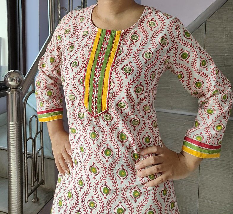 Bagru print straight kurti embroidery work and gota touching uploaded by business on 10/22/2020