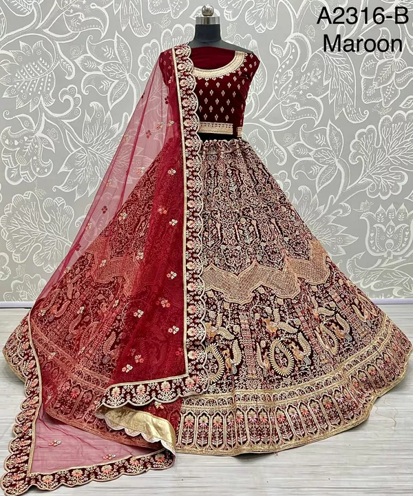 Post image Heavy Embroidered Work velvet bridal Lehengacholi 
Code : A2316Lehenga :Fabric - velvet Work - dori work        Multi Thread        Zari work       diamond work Stitching- standard cancan and canvas attached Size - free size up to 42
Blouse :Fabric - velvet Work - same as lehenga Size - 1 meter unstitched Backside - yes work is there 
Dupatta : Fabric - softnet Work - four side lace and butti work Size - 2.5 meter long 
Weight - 5.5 kg approx Rate - 14999
HD Image :https://www.dropbox.com/sh/2fv6r7khzajb7fs/AABvNVPkIDkg4GYi00sseF1Aa?dl=0