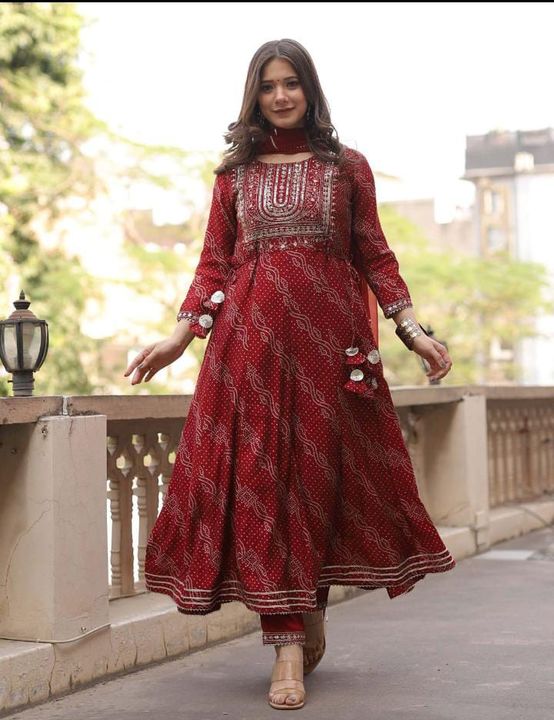 NEW LUNCHING
*Red Bandhej Anaraklai Suit Set (Set Of 3)*

👗 *Beautiful Rayon 140  Fabric Anarkali k uploaded by business on 4/26/2022