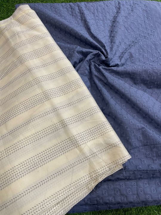 Post image Cotton chicken grey color With matching stripes Rate -2.5 mtr shirt +2.5 mtr bottom