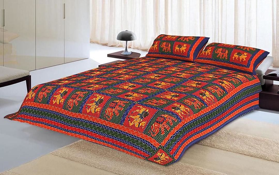 Post image Hey! checkout my new products they are amazing Bedsheets details 👇

Traditional kantha work Double King size bedsheet with 2 zipped pillow cover
Size 90*108
Washable
All available