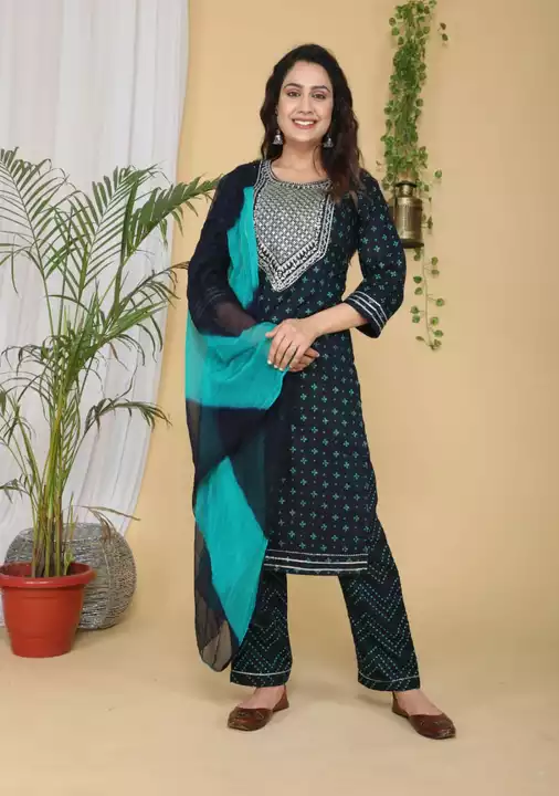 Post image *Beautiful surat cotton 3 piece set With Kurti Pant and Dupatta* 
Beautiful sequence work on yoke 
*Sizes Available : M/38 , L/40 , XL/42 , XXL/44*
*Price 1095/- free shipping*💃💃
*STOCK AVAILAble