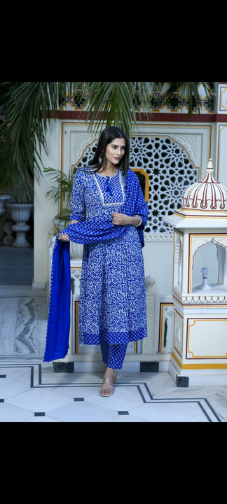 Post image New 🆕 launch Aman fashion's.
*New Design Launch*🌈*First time launch*
Best Quality always 👌 ❤ 
This colourful season. Express your love by gifting this beautiful 💙 blue printed long Kurta with Pant and Dupatta
Fabric - *best quelity Reyon 14kg* 
*super ❤️ quality*
Sizes -M,L, XL, XXL
*Embroidery on nack and foil mirror work, tassels on neck*
Long kali  printed kurta with side cut , Pant and dupatta.
Kurti length :-  48 inchesBottom  length :-37 inches Dupptta length 2 MTR stol. with gota lace 
Price only :- 920/- 🤩  Free shipping📦
*Ready to dispatch,*✈️✈️✈️Keep posting full stock available  update on your portals website etc.📦