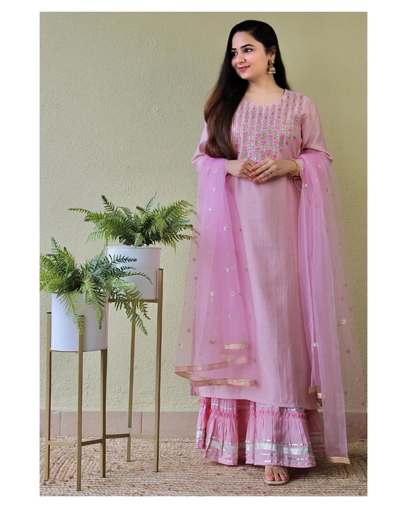 This pink Sharara And Kurta With Dupatta (Set of 3​) crafted in *Reyon* uploaded by Lookielooks on 5/3/2022