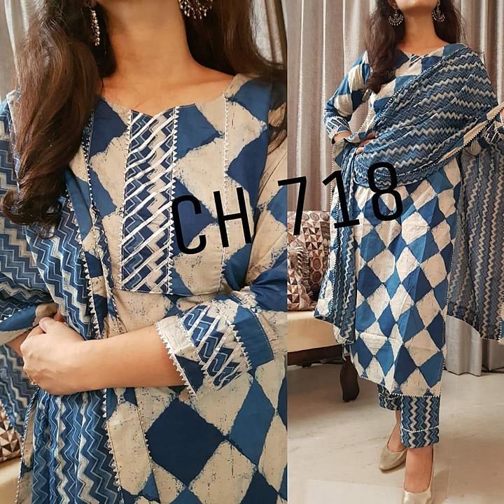 Style in with indigo print kurti pant and duppatta mulmul set Handblock print with gotta detailing o uploaded by business on 10/24/2020