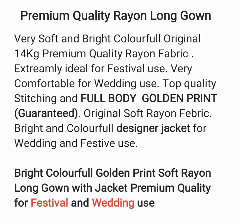 14 kg Rayon Long Gown uploaded by Sanchita Enterprise on 5/9/2022