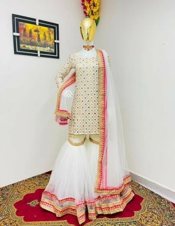 Post image 😍😍 WEDDING SEASON SHARARA 😍😍
Double Siquence and Mirror Multi Color Worked Kurta With Palazzo Kurta Fabric: Georgette
Bottomwear Fabric: Georgette
Fabric: Georgette
Sleeve Length: Three-Quarter Sleeves
Set Type: Kurta With Dupatta And Bottomwear
Bottom Type: Palazzos
Pattern: Embellished
Sizes:L (Bust Size: 40 in) XL (Bust Size: 42 in) XXL (Bust Size: 44 in) 
PRICE : 1799/- WITH FREE SHIPPING😍