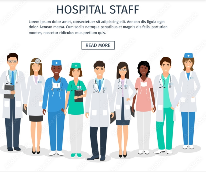 Post image Group of medical people characters standing together in different poses on white background. Doctors and nurses in uniform