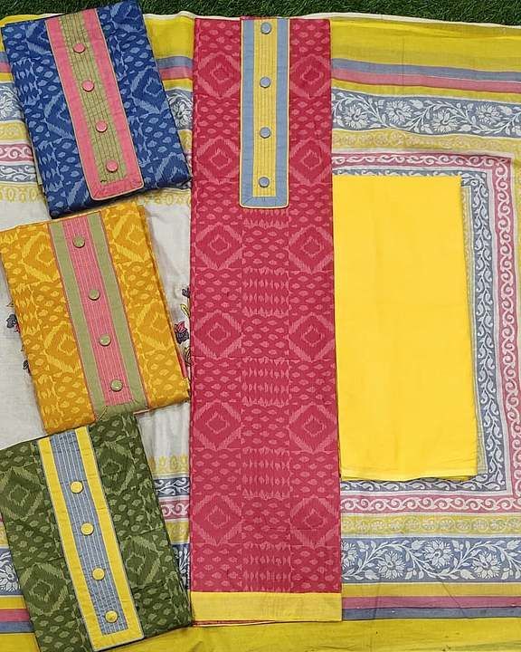 Post image Top- cambric cotton fabric with tie pattern 2.3 mt
Bottom-  cotton 2.5mt 
Duppata- cotton printed 2.25mt