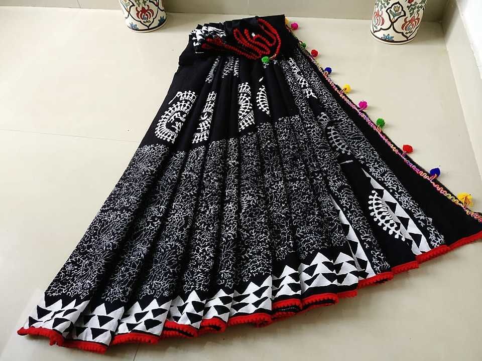 Your hand block printed malmal cotton saree with pom pom lace and matching blouse uploaded by business on 10/26/2020