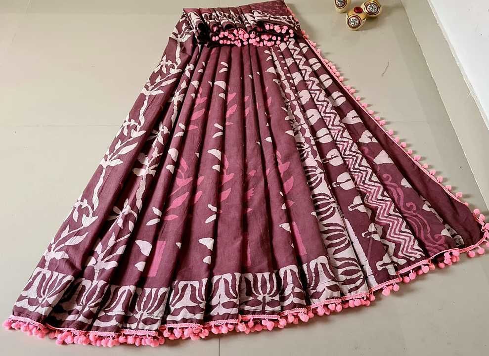 Your hand block printed malmal cotton saree with pom pom lace and matching blouse uploaded by business on 10/26/2020
