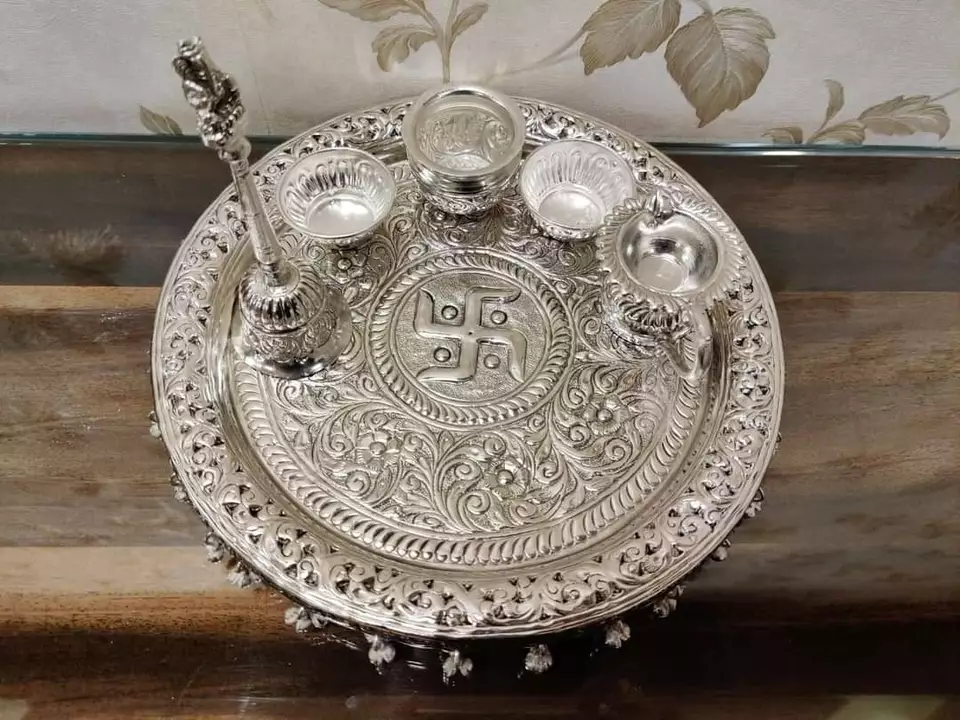 German Silver Pooja Thali Set In Brass uploaded by Govind Art & Handicrafts on 5/16/2022