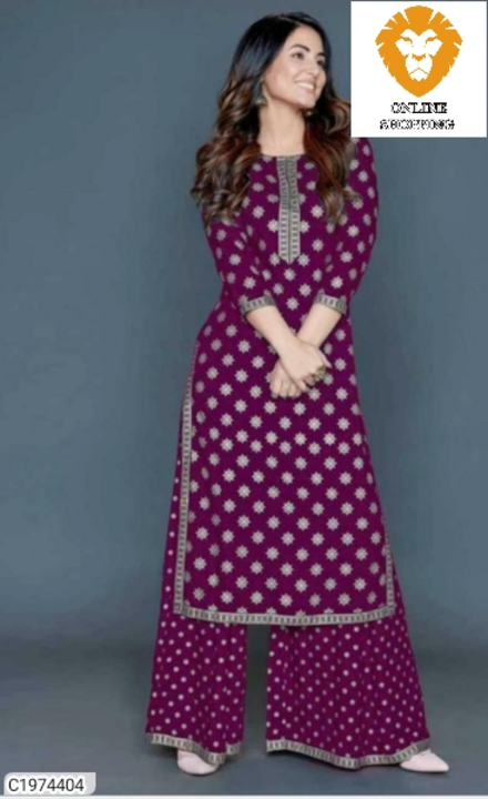  Name:* Pretty Printed With Lace Border Rayon Kurti Palazzo Set
 uploaded by business on 5/16/2022