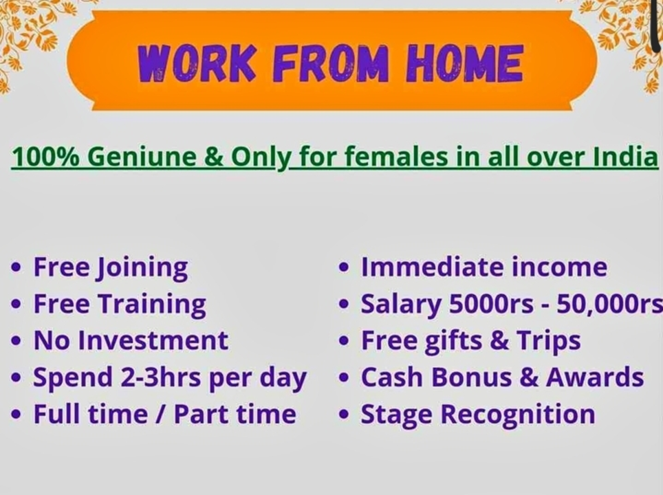 Post image Only females work from home  daily 2 or 3hrs work. 💯trusted company.  So much of benifits here. So much of gifts. Don't mis this oppertunity.  Life changing option guys. Contact for more info 9025259378