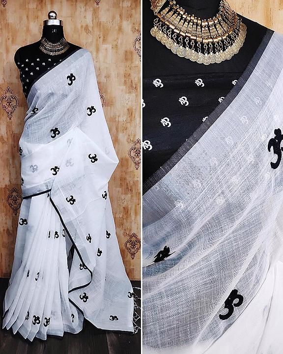 heavy linen saree of designer embrodery with printed satin blouse uploaded by business on 6/17/2020