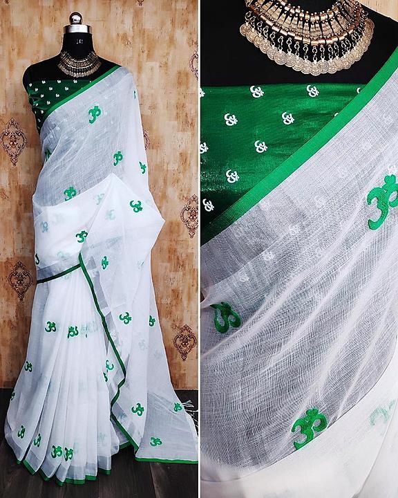 heavy linen saree of designer embrodery with printed satin blouse uploaded by business on 6/17/2020