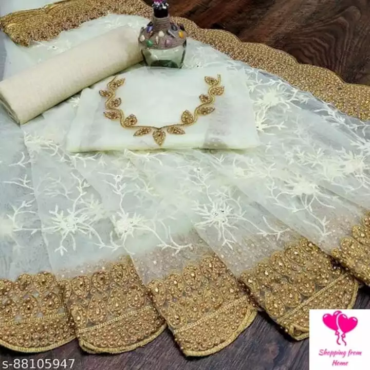 Cream Net with Work And moti Saree uploaded by business on 5/19/2022