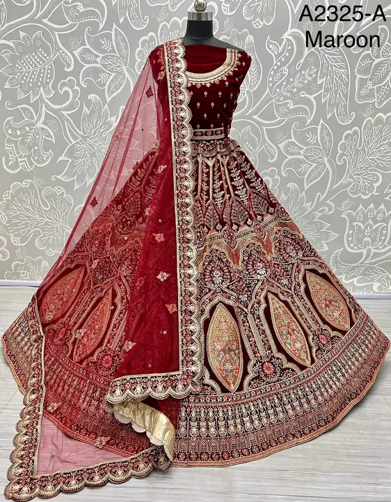 Post image Heavy detailed embroidered bridal Lehengacholi 
Code : A2325Lehenga :Fabric - velvet Work - dori work        zari work       Fancy work        Diamond work Stitching - standard cancan and canvas attached Size - free size up to 42
Blouse : Fabric - velvet Work - same as lehenga Size - 1.2 meter unstitched Backside - yes work is there 
Dupatta : Fabric - softnet Work - four side lace and butti work Size - 2.5 meter long 
Weight - 5kg Rate - 14999
HD Image :https://www.dropbox.com/sh/wsjcq0gps55ab1f/AABPRKq-VVRJo-svtEQO9Nxda?dl=0
