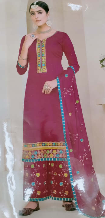 Post image Zam cotton suit with cotton bottom with embodry with chinon dupatta with embodry work