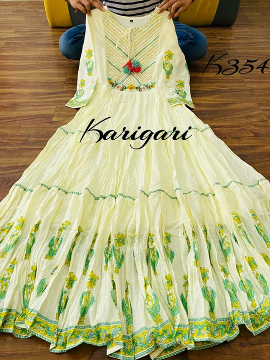 Post image Check new collection*karigari by DKH**k354*
Premium cotton tier pattern flared gown..with lining n side zipper for better fit..Work- embroidery,katha n sequins on yoke..
Sizes 38 to 44Ready to ship

*mrp 1699₹ +80 delivery charges