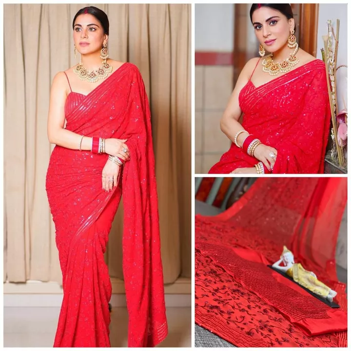 Post image *Check  my new product*_NEW PARTY WEAR GEORGETTE WITH SEQUANCE EMBROIDERY WORK SAREE WITH BLOUSE🚀 *_*😀✅Best quality ever✅😀 😋 *👌No Compromise with Quality👌*