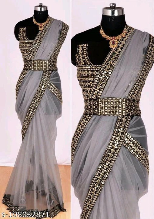 Net fabrics mirror work havey lace saree and satin silk frint an uploaded by Saree on 5/25/2022