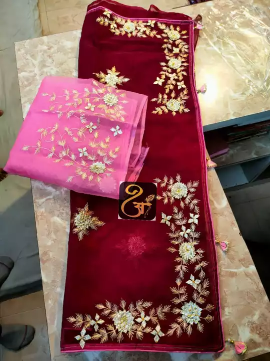 Organza Saree with Beautifull Kasam Hand Work with Piping Border & Beautiful Fancy Handmade Tassels uploaded by business on 5/28/2022