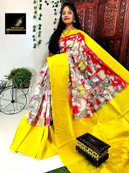 Post image 🦚*SWARAGINI* 🦚
 *New Arrival *
🦚*Beautiful soft santoon pattu Saree with contrast kalamkari design All over the saree to give rich and unique look 🦚
* Rich contrast kinch Border with zari weaving**
 🦚* Rich contrast kalamkari pallu with tassels and contrast printed blouse with border *🦚
 *Best Quality Assured.....*