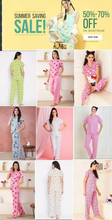 Post image Hurry ! Limited time offer                                            
Summer Sale + additional discount on MRP 👇                                                               
https://arpitascollection.clovia.com/night-suits/s/